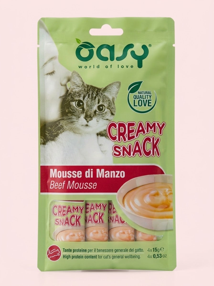 Oasy Creamy Snack Mousse Di Manzo per Gatti.