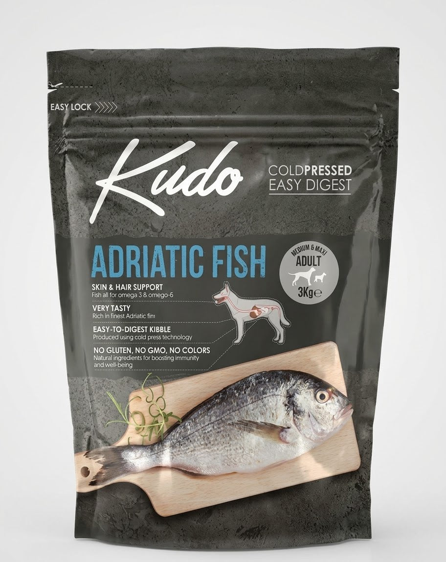 KUDO LOW GRAIN PESCE BIANCO 3 KG PRODOTTO PRESSATO A FREDDO PER CANI ADULTI MEDIO GRANDI.