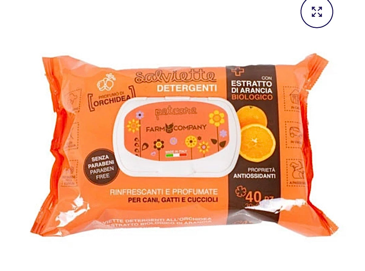 Salviette Farm Company al profumo di Arancia e Orchidea per cani ,gatti e cuccioli 40 pz