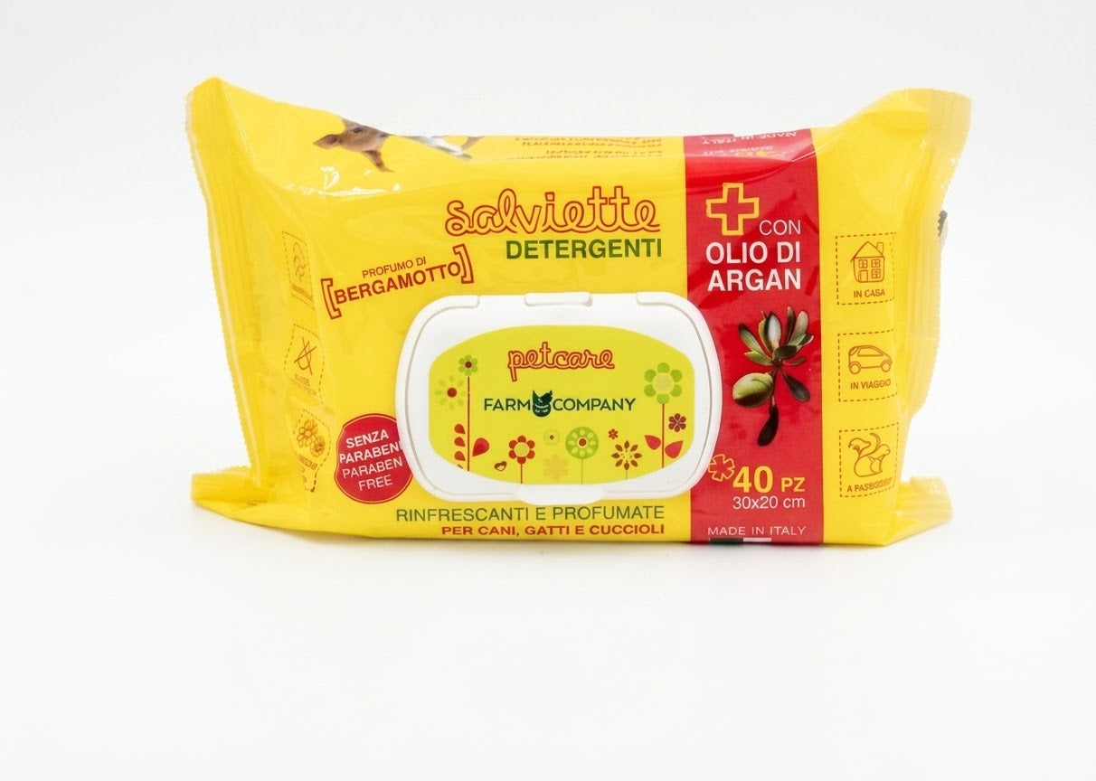 Salviette Profumate Farm Company con  Olio di Argan e Bergamotto per cani,gatti e cuccioli 40 pz