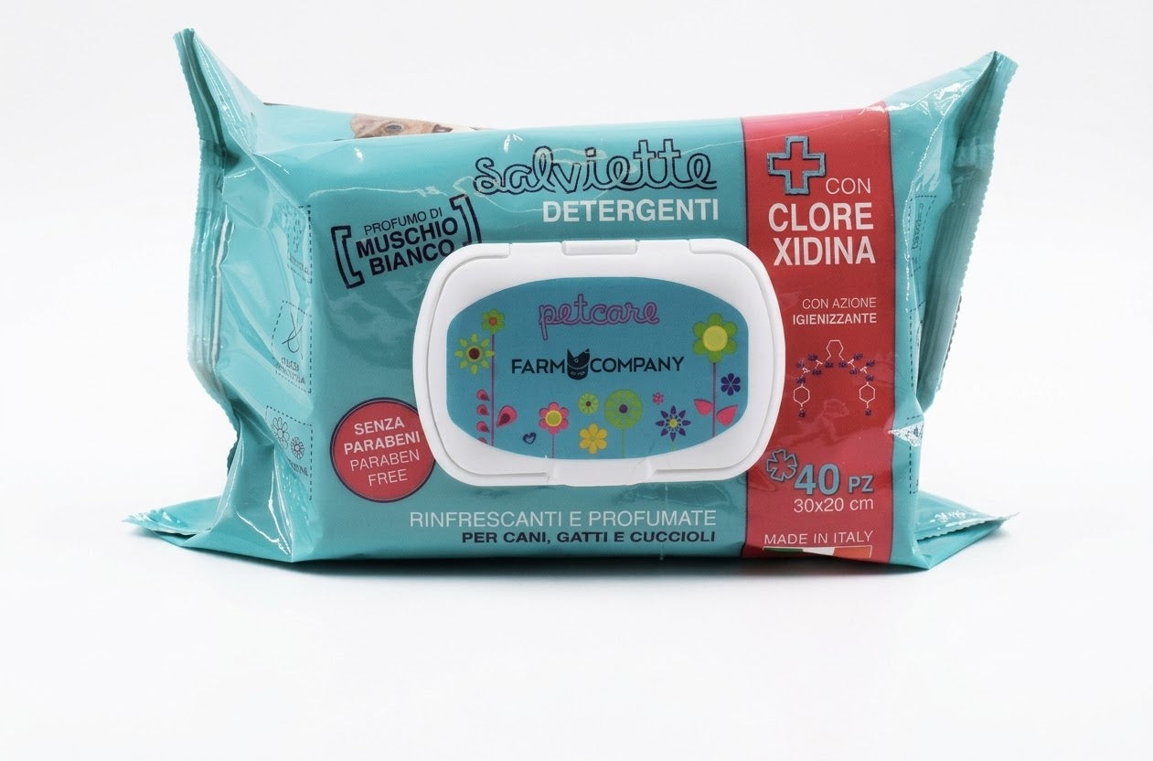 Salviette Profumate Farm Company al muschio bianco e Clorexidina per cani, gatti e cuccioli 40 pz