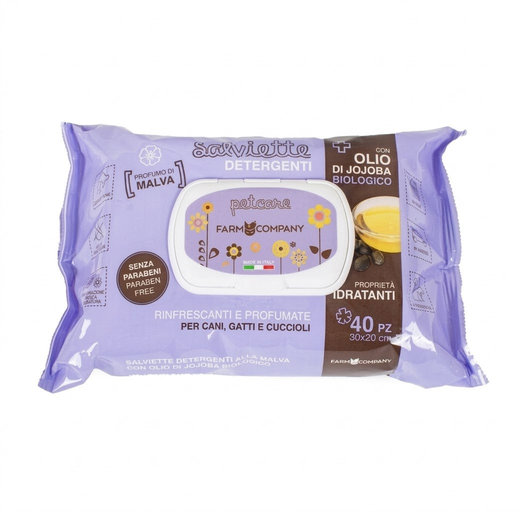 Salviette Profumate Farm Company con Olio di Jojoba e Malva per cani,gatti e cuccioli 40 pz