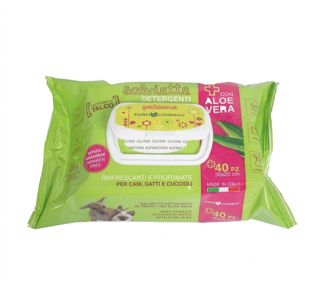 Salviette Profumate Farm Company al Talco e Aloe Vera per cani, gatti  e cuccioli 40 pz