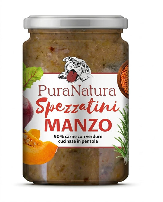 SPEZZATINO di MANZO alimento completo per cani- Pura Natura- Cotti in pentola 300 gr