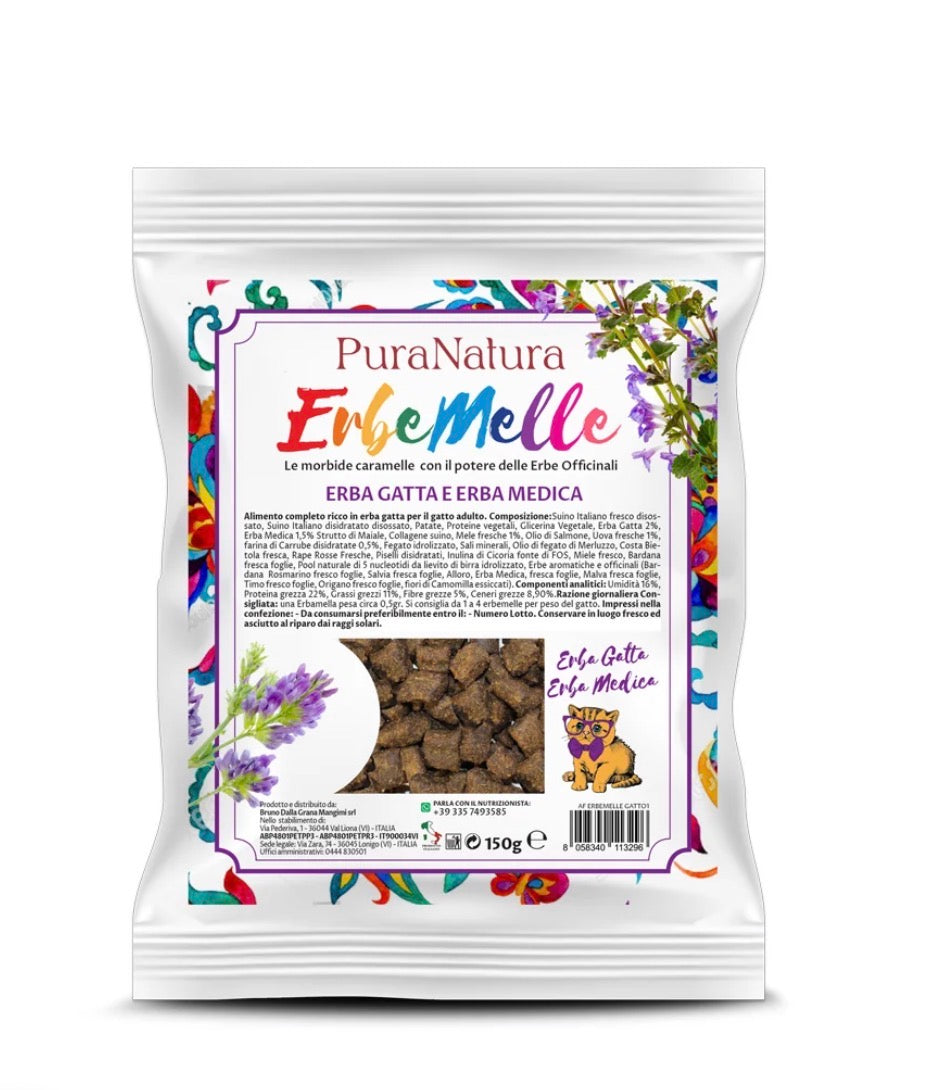 ERBEMELLE SNACK PER GATTO ,ERBA GATTA ED ERBA MEDICA, 150 GR