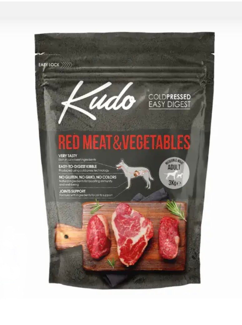 KUDO LOW GRAIN MANZO MAIALE 3 KG,PRODOTTO PRESSATO A FREDDO PER CANI ADULTI MEDIO GRANDI