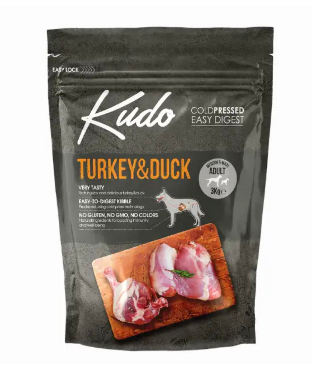 KUDO LOW GRAIN  TACCHINO E ANATRA 3 KG PRODOTTO PRESSATO A FREDDO PER CANI ADULTI MEDIO GRANDI.