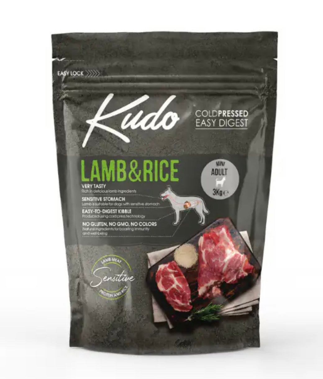 KUDO LOW GRAIN  AGNELLO E RISO 3 KG PRODOTTO PRESSATO A FREDDO PER CANI ADULTI MEDIO GRANDI.