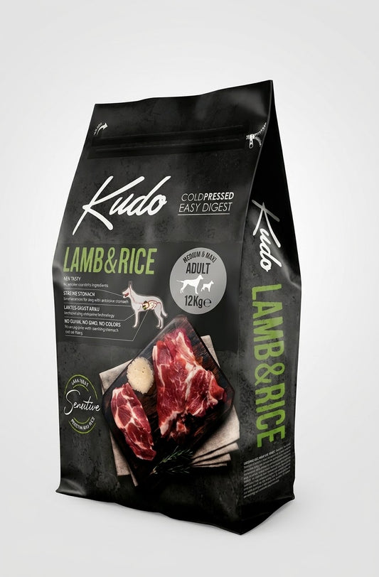 KUDO LOW GRAIN  AGNELLO E RISO 12 KG PRODOTTO PRESSATO A FREDDO PER CANI ADULTI MEDIO GRANDI.