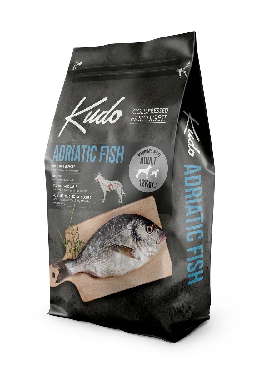 KUDO LOW GRAIN PESCE BIANCO 12 KG PRODOTTO PRESSATO A FREDDO PER CANI ADULTI MEDIO GRANDI.