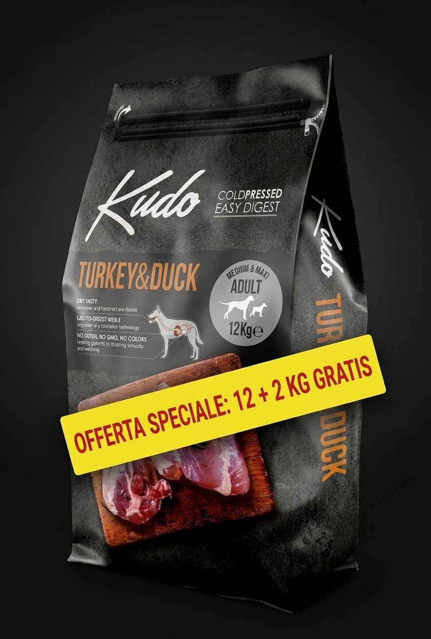 KUDO LOW GRAIN  TACCHINO E ANATRA 12 KG PRODOTTO PRESSATO A FREDDO PER CANI ADULTI MEDIO GRANDI.